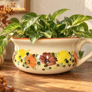 May include: A cream-colored ceramic planter with a single handle, featuring a hand-painted floral pattern of yellow and brown flowers with green leaves around the base. A variegated green and white pothos plant grows inside the wide bowl.