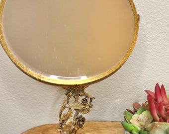 Vintage Hollywood Regency Vanity Mirror Gold Floral Swivel Matson Style