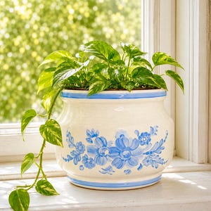 May include: A cream-colored ceramic planter with a rounded body and a blue painted floral pattern. The pot features a blue horizontal band around the top and bottom rims. A trailing green and yellow variegated pothos plant grows inside.