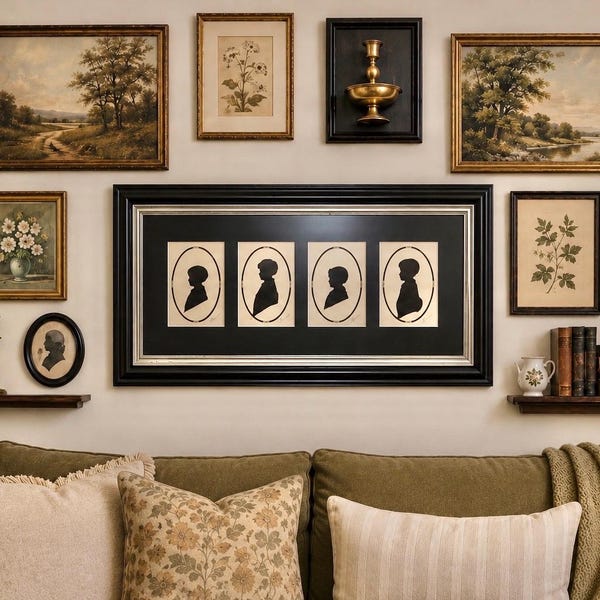 Vintage Children Silhouette Portraits Framed Wall Art Victorian Style 4 Panel