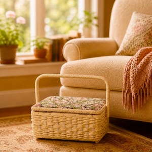 Vintage Floral Sewing Basket Box Wicker Taiwan Cottagecore Storage