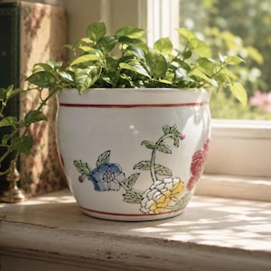May include: A white ceramic planter with a rounded shape, featuring hand-painted floral motifs in blue, yellow, and red. The pot has a thin red horizontal line near the top and bottom rim, and it contains a green leafy plant with trailing vines.