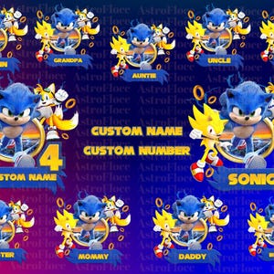 Pode incluir: Gráfico vibrante com Sonic the Hedgehog, Tails e Super Sonic. O design inclui o número 4, campos de texto personalizáveis e etiquetas como "Primo", "Avô" e "Sonic". O fundo é um gradiente de azul e roxo.