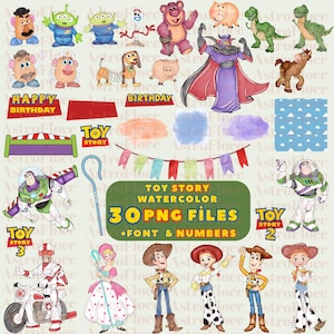 Op de afbeelding: Waterverfillustraties van Toy Story-personages, waaronder Buzz Lightyear en Woody. De afbeelding bevat de tekst "TOY STORY WATERCOLOR 30 PNG FILES + FONT & NUMBERS".