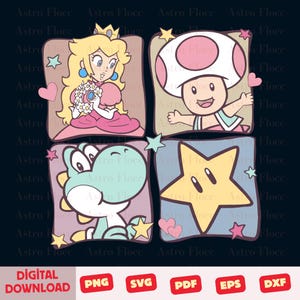 Puede incluir: Descarga digital con cuatro ilustraciones cuadradas de personajes de videojuegos. La Princesa Peach, Toad, Yoshi y una estrella se representan en un estilo de dibujos animados con colores pastel. Iconos de tipo de archivo en la parte inferior.