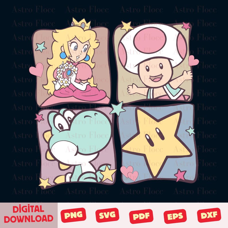 Puede incluir: Descarga digital con cuatro ilustraciones cuadradas de personajes de videojuegos. La Princesa Peach, Toad, Yoshi y una estrella se representan en un estilo de dibujos animados con colores pastel. Iconos de tipo de archivo en la parte inferior.