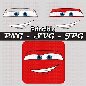 Può includere: Elementi di design digitale che mostrano gli occhi e la bocca di un personaggio di un'auto dei cartoni animati. L'immagine include diverse varianti del volto dell'auto, con occhi blu e corpo rosso. Il testo include "Printable" e "PNG - SVG - JPG".