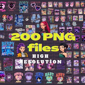 Peut inclure: Une collection de fichiers d'art numérique sur fond violet foncé. L'image présente diverses illustrations, notamment des personnages de dessins animés, des cœurs et le texte "200 PNG files HAUTE RÉSOLUTION".