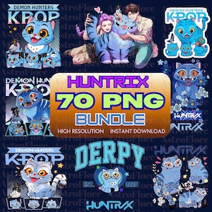 May include: A digital art bundle featuring various cartoon cat illustrations in shades of blue, with the text "HUNTRIX 70 PNG BUNDLE". The images include cats with different expressions and poses, and the text "KPOP" is also present.
