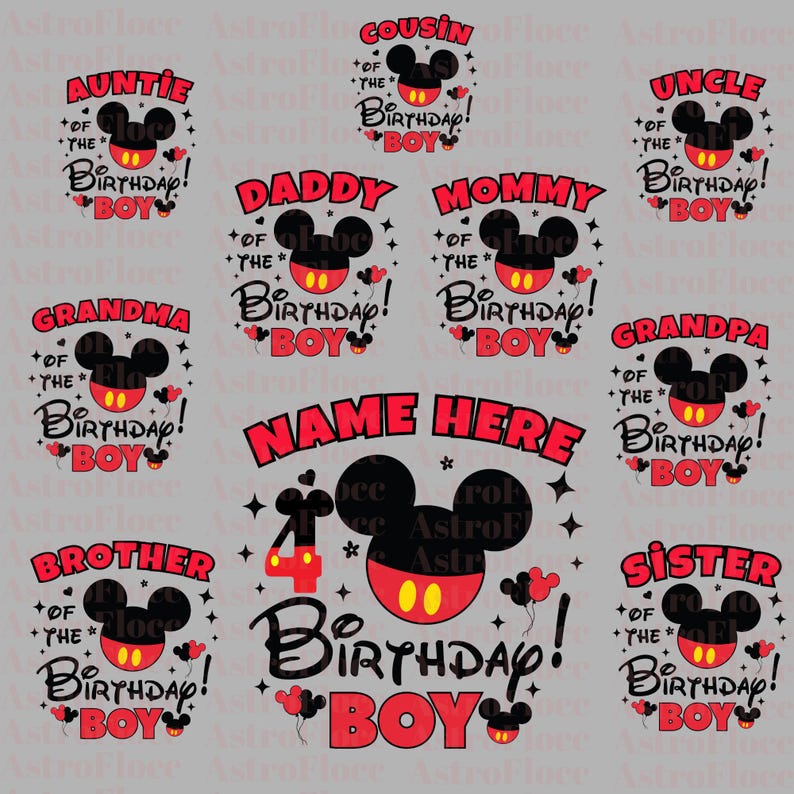 May include: A collection of Mickey Mouse-themed birthday designs. The designs include text such as "Auntie", "Cousin", "Daddy", "Mommy", "Grandma", "Grandpa", "Brother", "Sister", and "Name Here". The designs are in red, black, and yellow.