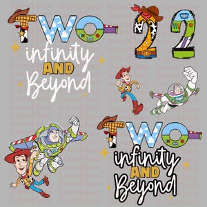 May include: A collection of digital graphics featuring characters and phrases from the animated film, Toy Story. Includes the words "TWO", "infinity AND Beyond", Woody, and Buzz Lightyear in various designs and colors. Perfect for birthday party decorations.