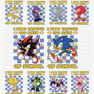 May include: A sheet of stickers featuring Sonic the Hedgehog characters. Each sticker has a character, the text "I sped trough 100 days of school", and a blue and white checkered background.