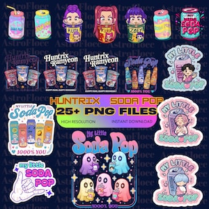 Puede incluir: Una colección de pegatinas y gráficos digitales con latas de refresco, personajes de dibujos animados y figuras fantasmales. Los diseños incluyen texto como "My Little Soda Pop", "Huntrix Ramyeon" y "1000% You".