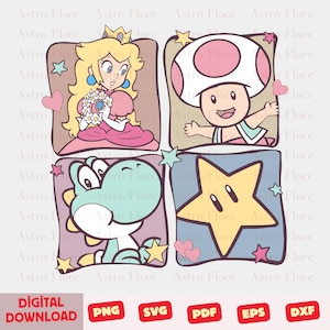 Puede incluir: Un gr&aacute;fico de descarga digital con cuatro cuadrados con personajes de dibujos animados. La Princesa Peach, Toad, Yoshi y una estrella se representan en un estilo de dibujos animados colorido. Las palabras "DESCARGA DIGITAL" e iconos de tipo de archivo est&aacute;n en la parte inferior.