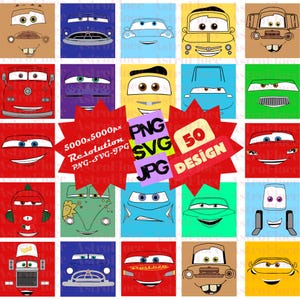 May include: A collection of 20 colorful square designs featuring cartoon car faces. Each car face has unique expressions and colors, including red, blue, yellow, and green. The image also includes text that says "50 DESIGN", "PNG", "SVG", and "JPG".