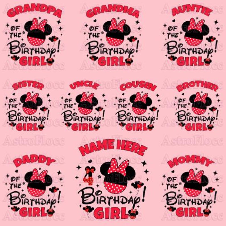 Puede incluir: Una colecci&oacute;n de dise&ntilde;os gr&aacute;ficos rosas con Minnie Mouse. Cada dise&ntilde;o incluye texto como "Abuelo de la cumplea&ntilde;era", "Mam&aacute; de la cumplea&ntilde;era" y "Nombre aqu&iacute;". Adecuado para celebraciones de cumplea&ntilde;os.