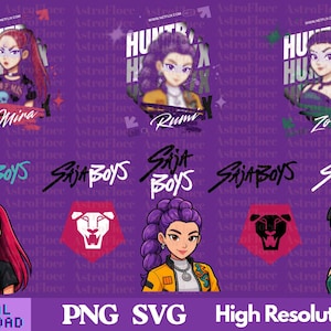 Puede incluir: Descarga digital con ilustraciones de personajes de estilo anime llamados Mira, Rumi y Zoey. La imagen incluye el texto "SAJA BOYS", un logotipo de león y las palabras "PNG SVG Alta Resolución".