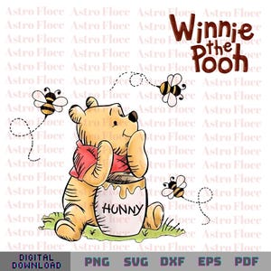 Op de afbeelding: Digitale illustratie van Winnie de Poeh, zittend en een honingpot met het opschrift "HUNNY" vasthoudend. De afbeelding toont drie bijen en de tekst "Winnie the Pooh". Het ontwerp is in cartoonstijl met een witte achtergrond.