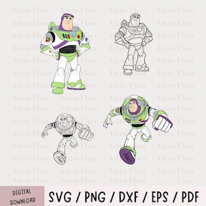 Puede incluir: Un gráfico de descarga digital con cuatro imágenes de Buzz Lightyear de Toy Story. Las imágenes incluyen una versión a color y una versión de arte lineal. También se incluye el texto "DESCARGA DIGITAL" y las opciones de tipo de archivo.