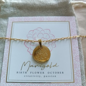 Birth Flower Pendant, 15mm Gold Marigold Birth Flower, Birth Month Jewelry Card, October Marigold Flower Necklace