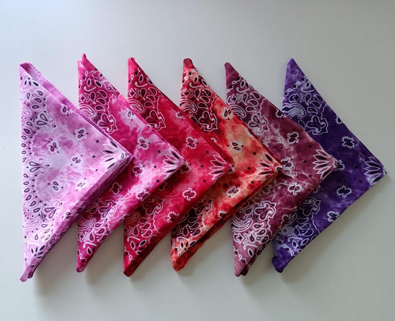 6-pack bandanas, 100 % mjuk och andningsbar bomull, rosa och lila tonade bandanas, boho bandanas, tie-dye paisleymönster bild 1