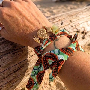 African fabric wristband, knotted fabric bracelet, anklet with gold shell and star charm, boho wrap bracelet