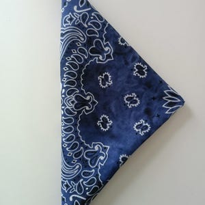 Puede incluir: Un pañuelo bandana azul marino doblado en forma triangular con un estampado de cachemir blanco. El pañuelo está hecho de una tela suave y es adecuado para diversos usos, como cubrir la cabeza o como accesorio.