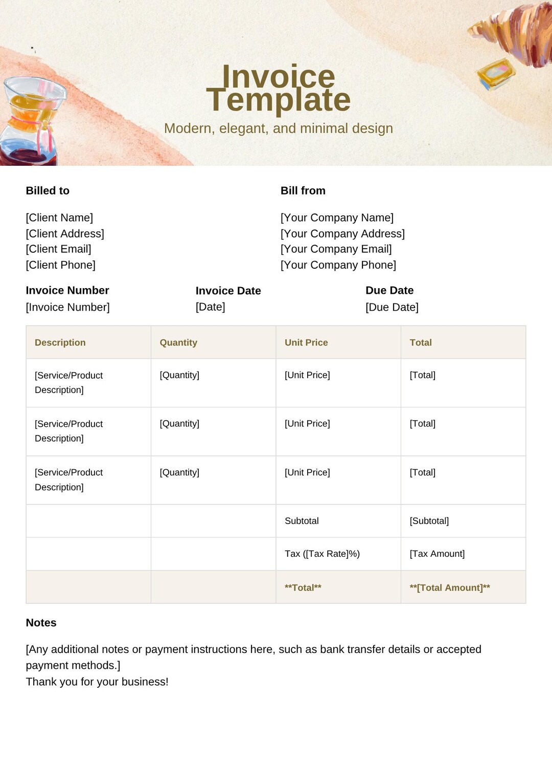 Elegant Beige & Gold Invoice Template | Canva Editable (PDF) - Etsy