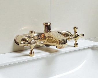 Brass Bath Mixer Tap Deck Mounted, Vintage Bathtub Faucet with Shower Diverter, Solid Brass Bathroom Faucet, Cross Handle Mixer