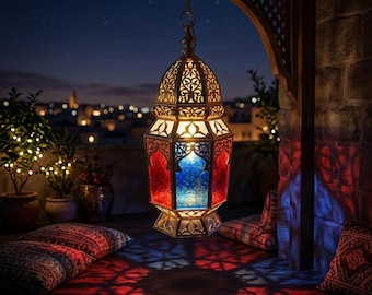 Large Moroccan Electric Lantern 60cm – Handmade Brass Lamp, Blue Red Yellow Glass, Boho Decor, Plug In Ambient Lighting