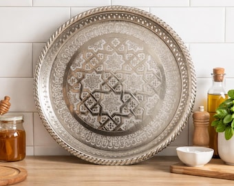 Auténtica bandeja marroquí de plata de 35 cm – Bandeja de servir grabada a mano – Bandeja de té tradicional de lujo – Regalo de decoración marroquí para el hogar
