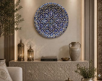 Moroccan Zellige Ceramic Wall Plate Handmade Blue White Decorative Plate Silver Inlay Wall Art Boho Oriental Home Decor Luxury Moroccan Gift