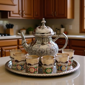 May include: A silver tea set with a decorative teapot and six small glasses on a silver tray. The glasses have colorful floral designs. The set is displayed on a white countertop in a kitchen.