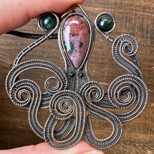 Unique handcrafted wire wrapped octopus pendant/ octopus jewelry/ octopus pendant/ ocean jasper crystal jewelry/ oxidized copper wire wrap