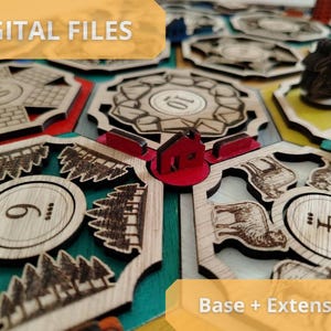 May include: Wooden board game pieces with laser-etched designs. The game pieces include hexagonal tiles with numbers, trees, sheep, and a red house. The text "DIGITAL FILES" and "Base + Extension" are visible.