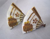 SALE Vintage Painted Porcelain Toshikane Fan Earrings