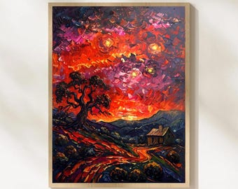 Fiery Sunset Cottage, Vibrant Nature Wall Art, Colourful Tree and Cabin Print, Expressionist Cottage Printable Decor, Digital Download