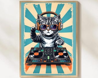 DJ Cat Wall Art, Funny Cat DJ Poster, Music Cat Wall Decor, Cat with Headphones Art, Cat Lover Gift, Printable, Digital Download
