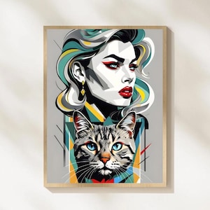 Abstract Woman And Cat Poster, Modern Pop Art Woman And Cat Print, Abstract Colourful Portrait Wall Art, Printable, Digital Download