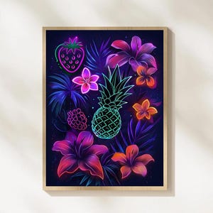 Arte con fiori e frutti tropicali colorati, stampa artistica da parete con la natura, poster Boho Glow, decorazioni botaniche colorate, stampabili, download digitale