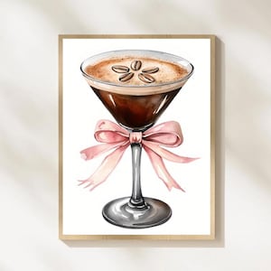 Espresso Martini Wall Art, Coffee Cocktail Watercolor Print, Vintage Espresso Art, Pink Bow Kitchen or Home Bar, Printable, Digital Download