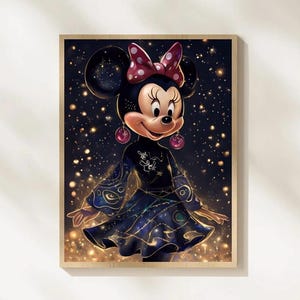 Arte de pared mágico de Minnie Mouse con galaxia, impresión de dibujos animados caprichosos, decoración de noche estrellada, póster de Minnie cósmica, imprimible, descarga digital