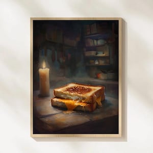 Grilled Cheese in Mysterious Room Art, Melting Cheese Poster, Cozy Kitchen Wall Art Printable, Candlelight Sandwich Decor, Digital Download