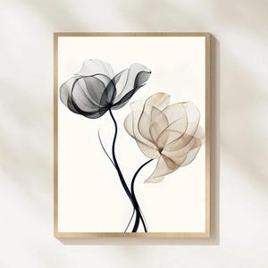 Minimalist Abstract Floral Wall Art, Beige & Black Abstract Botanical Wall Decor, Modern Line Flower Artwork, Printable, Digital Download