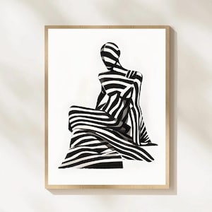 Abstract Black and White Striped Woman Wall Art, Black White Figure Art, Minimalist Female Silhouette, Decor, Printable, Digital Download