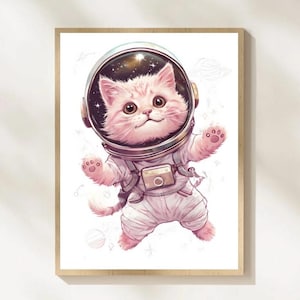 Pink Cat Astronaut Art Print, Cosmic Kitty Wall Art, Pink Space Cat Wall Decor, Cute Space Kitty Printable, Digital Download