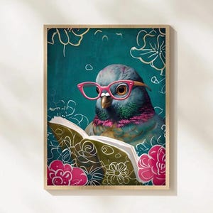 Funny Pigeon Reading Poster, Bathroom Decor, Whimsical Pigeon Art Print, Bird with Glasses Wall Art, Printable, Digital Download