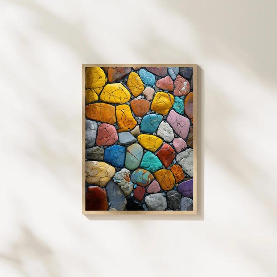 カラフルな抽象的な石の壁アート、鮮やかなモザイク装飾、抽象的な