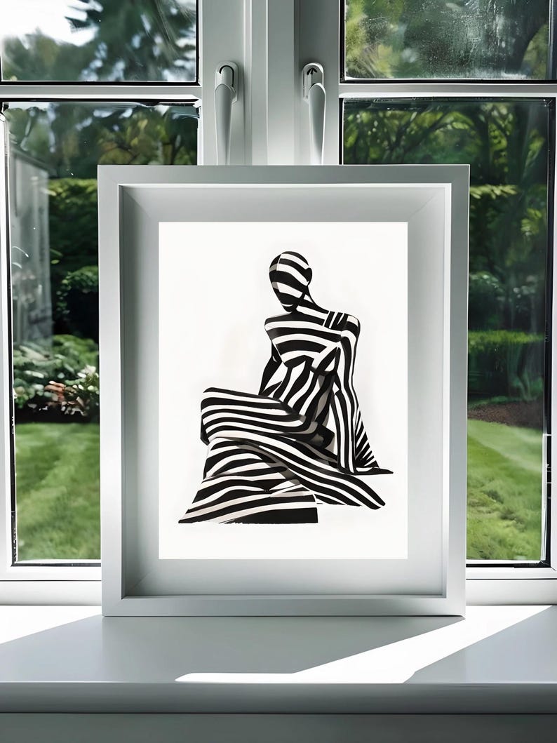 Abstract Black and White Striped Woman Wall Art, Black White Figure Art ...