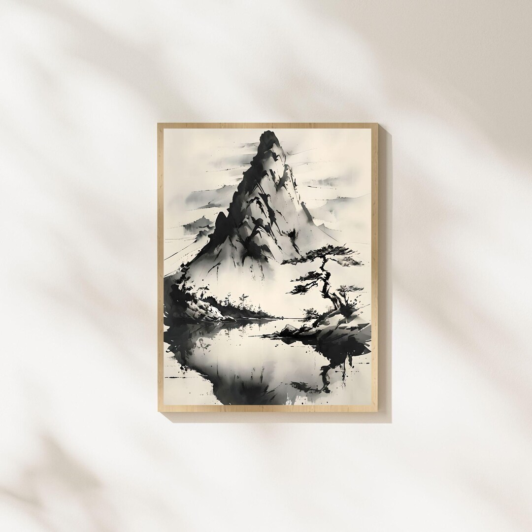 Japanese Ink Landscape Wall Art, Minimalist Mountain Lake Print, Zen ...